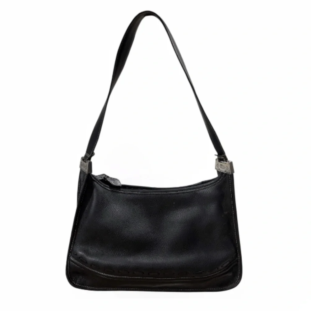 Vintage Y2K Brighton Black Zip Top Pebbled Leather Hobo Bag‎